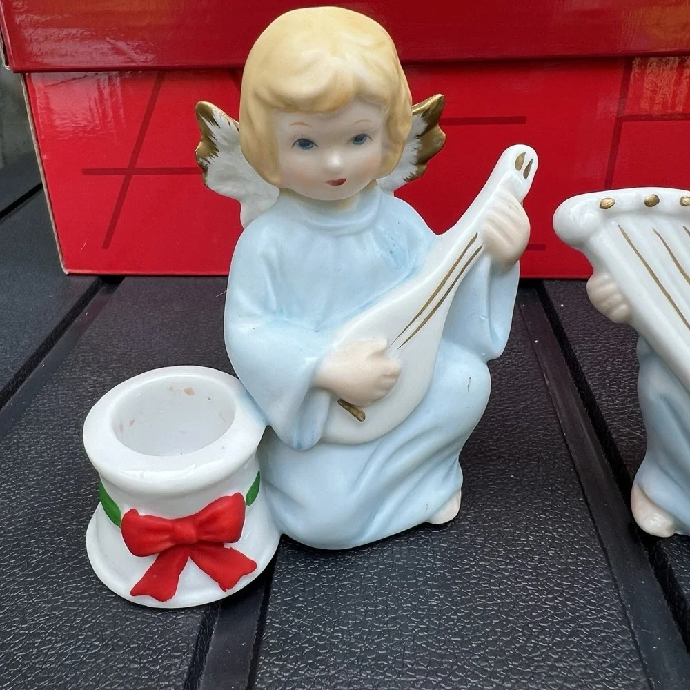Vtg 1980s Porcelain Musical Angel Taper Candle Holders Aldon Hand Painted Taiwan